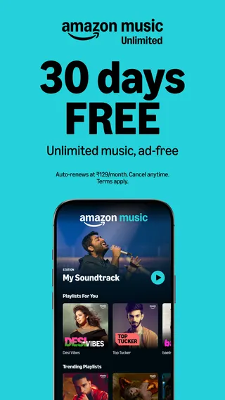 Amazon Music Meta ad: Amazon Music Unlimited- 30 days FREE. Auto-renews at ₹129/month. Cance, live 68 days