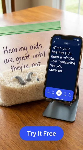 Live Transcribe Meta ad: Hearing aids break. They get wet. They go in for repair. And during th, live 101 days