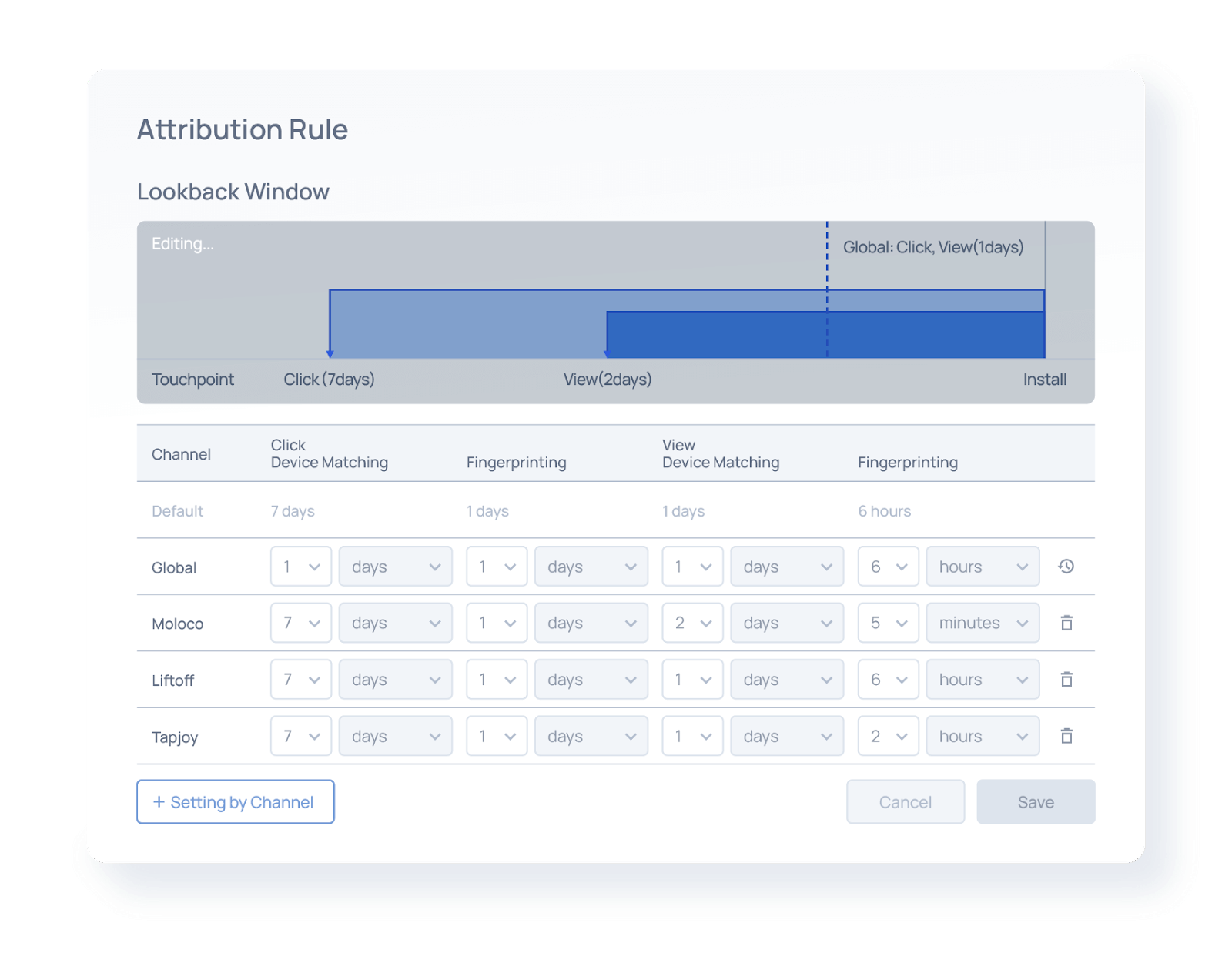 Airbridge Attribution Rule settings page
