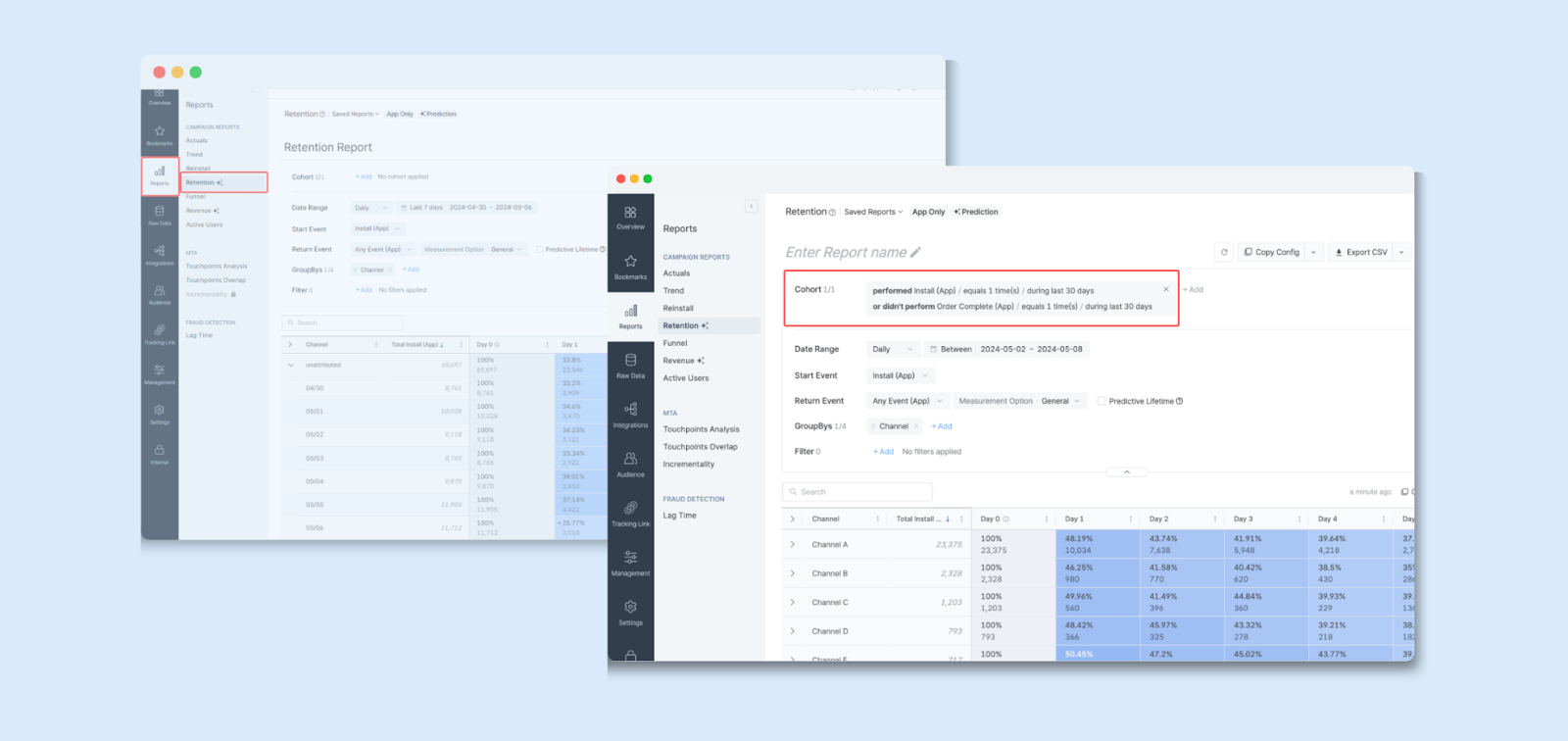 Airbridge’s Retention Report with behavioral, cohort-based insightsThe data is randomized for reference purposes only