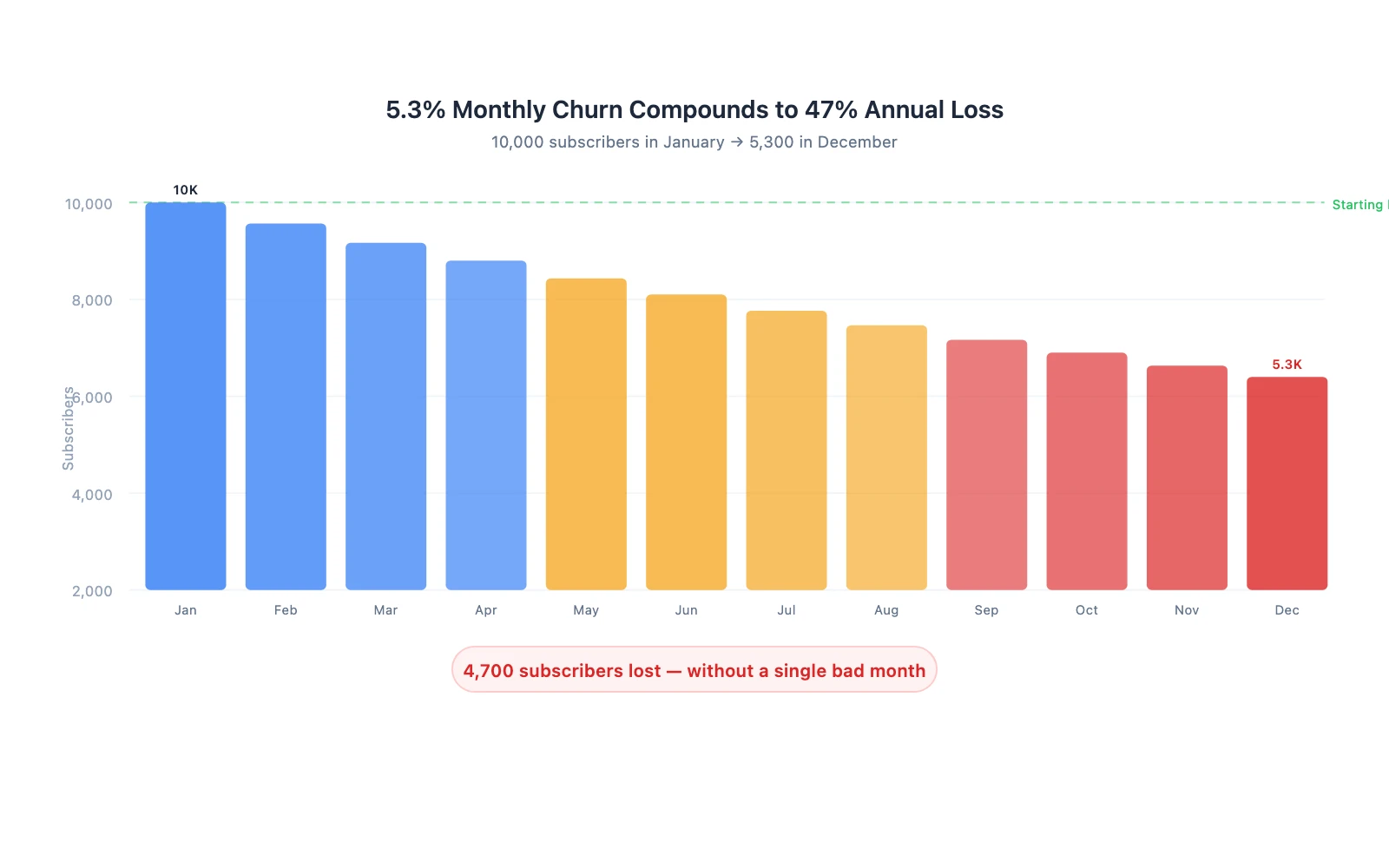 10,000 subscribers in January declining to 5,300 by December at 5.3% monthly churn — 47% annual loss