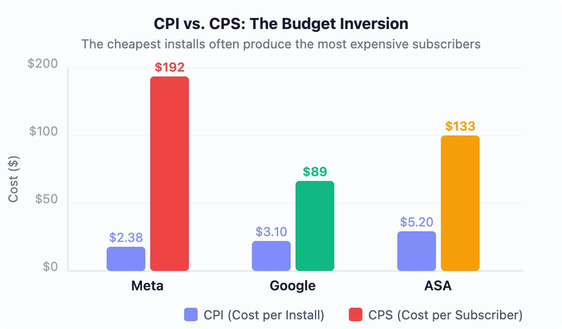 CPI vs CPS inversion across Meta, Google, and Apple Search Ads