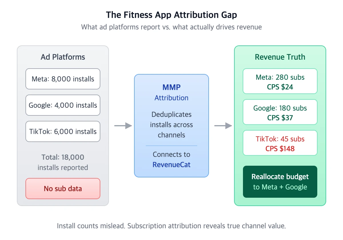 The Fitness App Attribution Gap showing ad platform data vs revenue truth